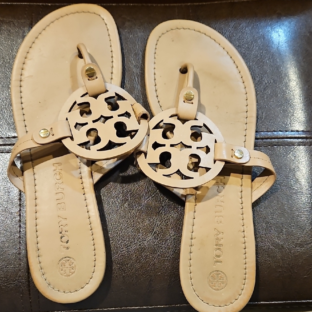 Tory Burch Tan Sandals with Signature Medallion